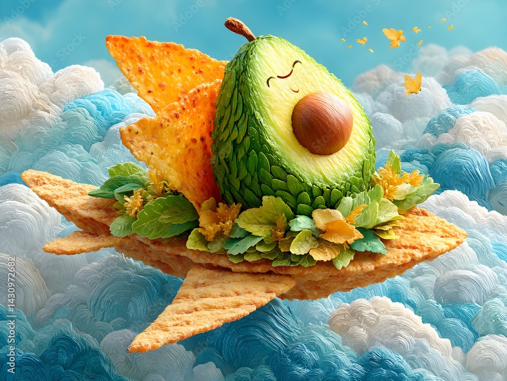 A playful and humorous cartoon of a laughing avocado joyfully riding a tortilla chip, full of character and fun.
