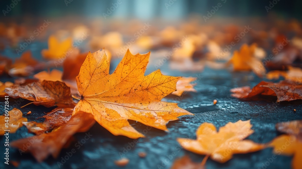 Autumn leaves fall park path, misty background Autumn leaves fall park path, misty background