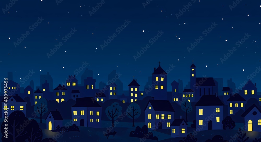 Simple Joys of the Night: A Delightful Cartoon City Illustration Sparkling with Window Light and Stars Simple Joys of the Night: A Delightful Cartoon City Illustration Sparkling with Window Light and Stars