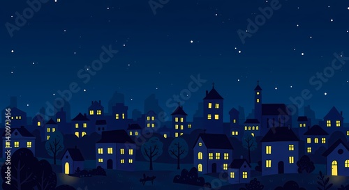 Simple Joys of the Night: A Delightful Cartoon City Illustration Sparkling with Window Light and Stars