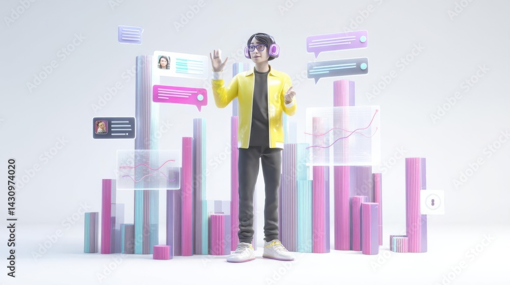 Fototapeta premium A digital representation of a young person in headphones engaging with virtual data and graphs