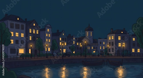 Simple Joys of the Night: A Delightful Cartoon City Illustration Sparkling with Window Light and Stars