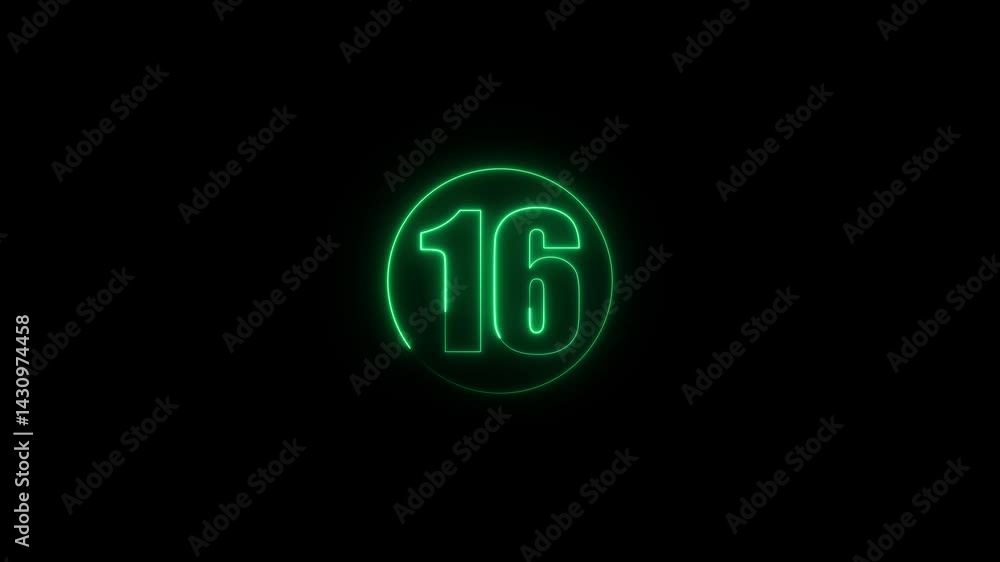 colorful glowing neon 16 text icon animation. Square rectangle picture circle with one tone neon color motion graphic on isolated black a background. colorful glowing neon 16 text icon animation. Square rectangle picture circle with one tone neon color motion graphic on isolated black a background.