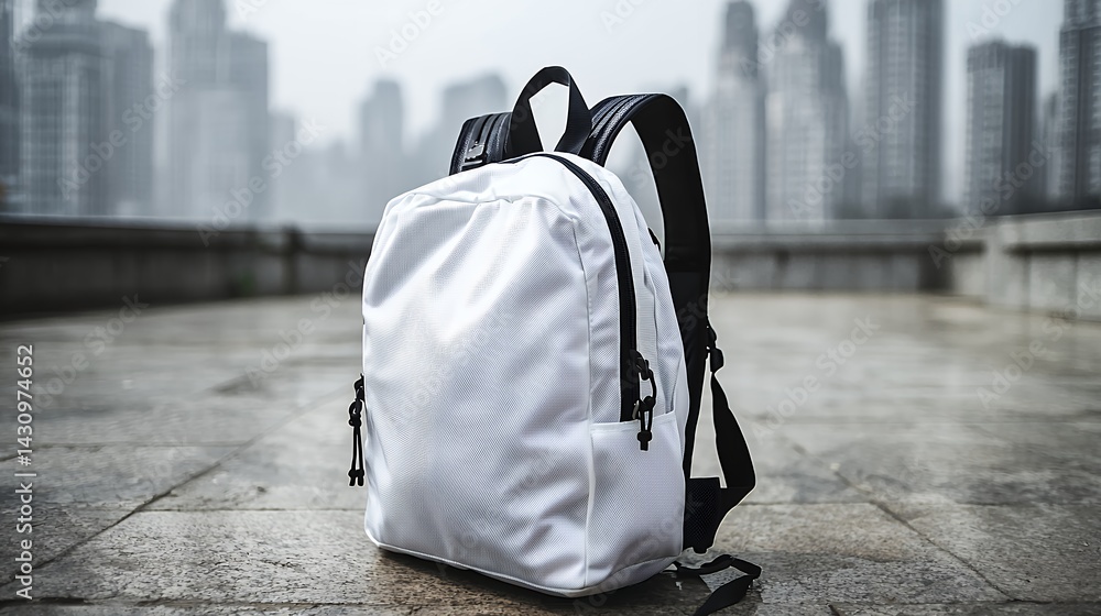 Obraz premium Stylish urban backpack against a blurred cityscape backdrop on a wet surface