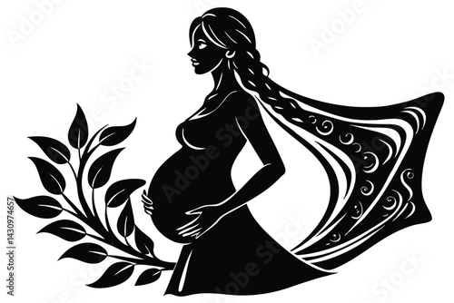 pregnant woman silhouette, side view, flowing hair, expectant mother