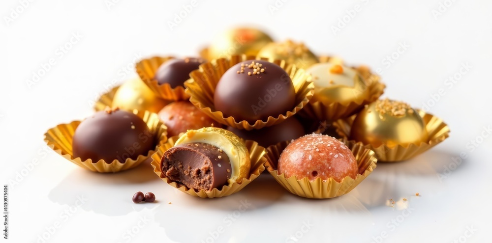 Pile of assorted chocolate pieces in golden wrappers on white background, snack, decadence, sweet Pile of assorted chocolate pieces in golden wrappers on white background, snack, decadence, sweet