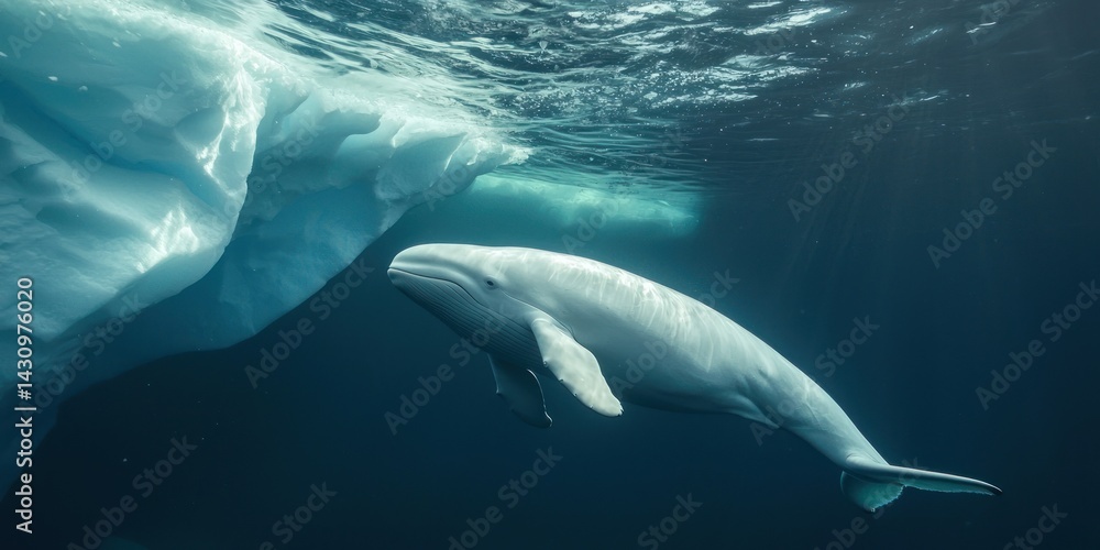 Naklejka premium A beluga whale swimming near an iceberg, its sleek body visible beneath the water