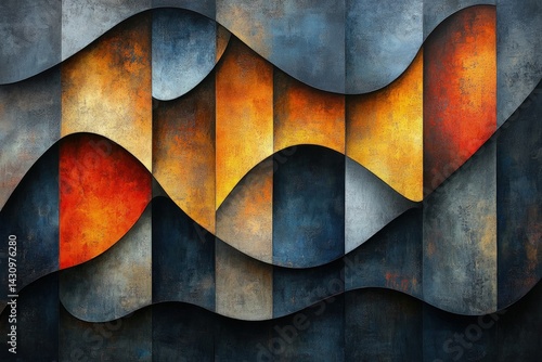 Abstract wavy pattern with vertical panels in shades of blue orange and gray.