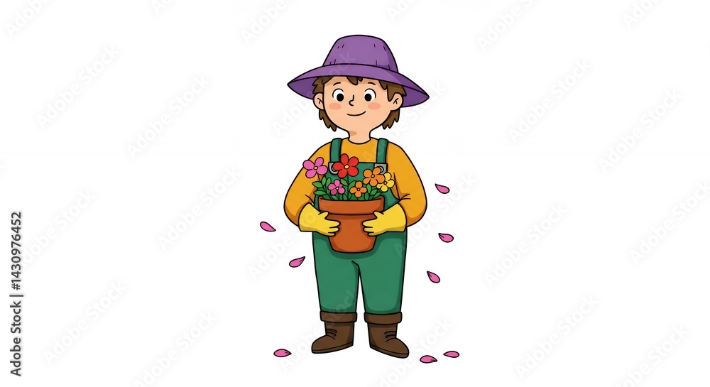Cartoon gardener holding colorful flowerspot Cartoon gardener holding colorful flowerspot