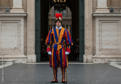 A swiss guard in his colorful uniform poses in front of the doorway of the vatican, full length.