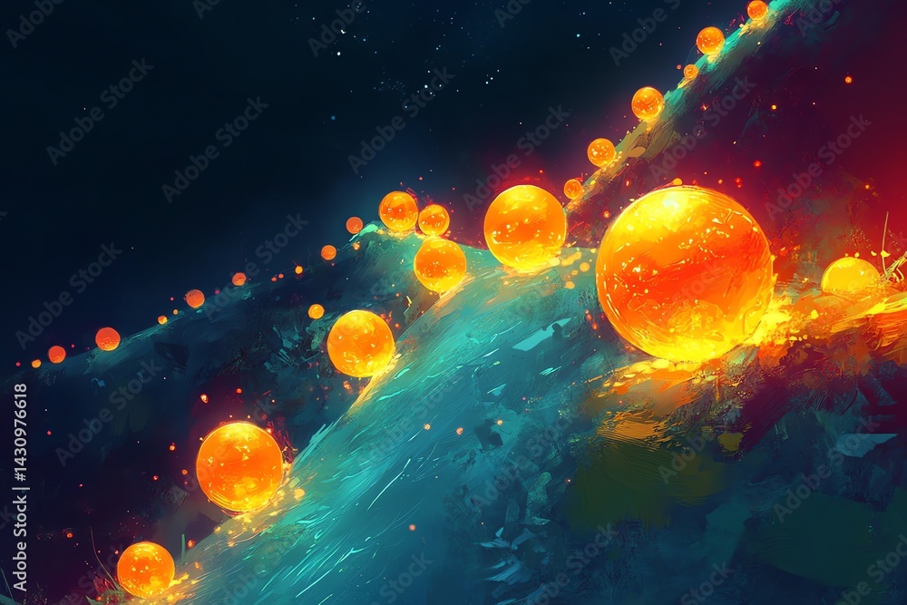 Fototapeta premium Glowing Orange Spheres Ascending a Teal Hill: A Vivid, Dreamlike Painting