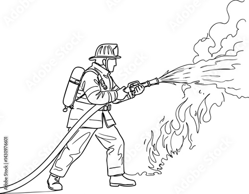 Firefighter Extinguishing Flames with Water Hose. Minimalist black and white line art illustration of a firefighter battling a blaze.