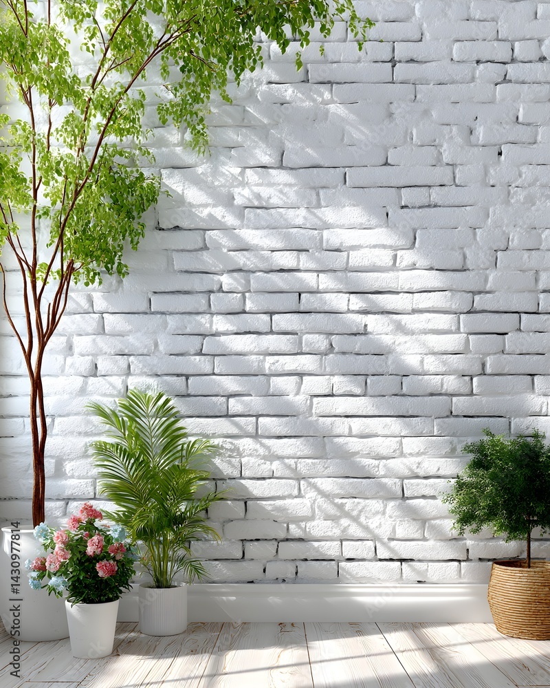 A clean, minimal white brick wall illuminated by soft natural light, creating a serene, bright, and airy architectural backdrop.