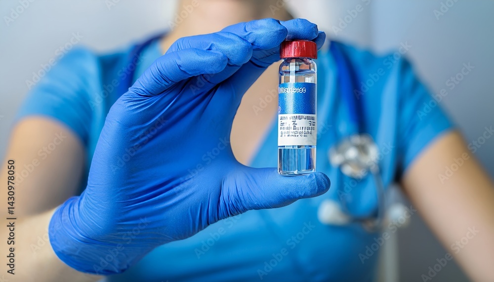 Glove with laboratory sample, laboratory assistant researching a vaccine