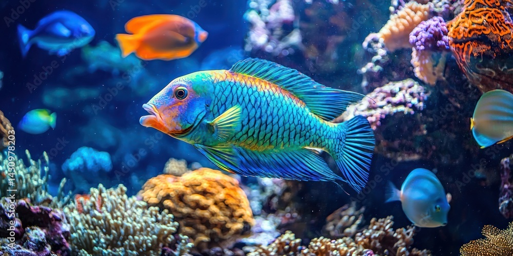 Obraz premium A bright blue and green parrotfish feeding on coral, surrounded by other reef fish