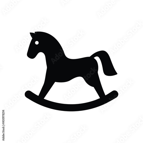 A black silhouette of a rocking horse toy with curved base on a white background