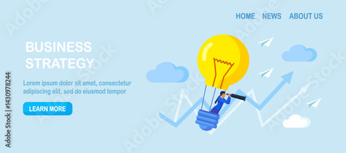 Search for new business idea, opportunity, inspiration. Businessman flying in hot air balloon as light bulb. Person using spyglass, telescope looking for vision, future. Innovation successful project