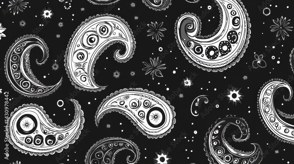Black and White Paisley Pattern Featuring Intricate Ornamental Designs in a Seamless Layout Ideal for Textiles and Backgrounds Generative AI