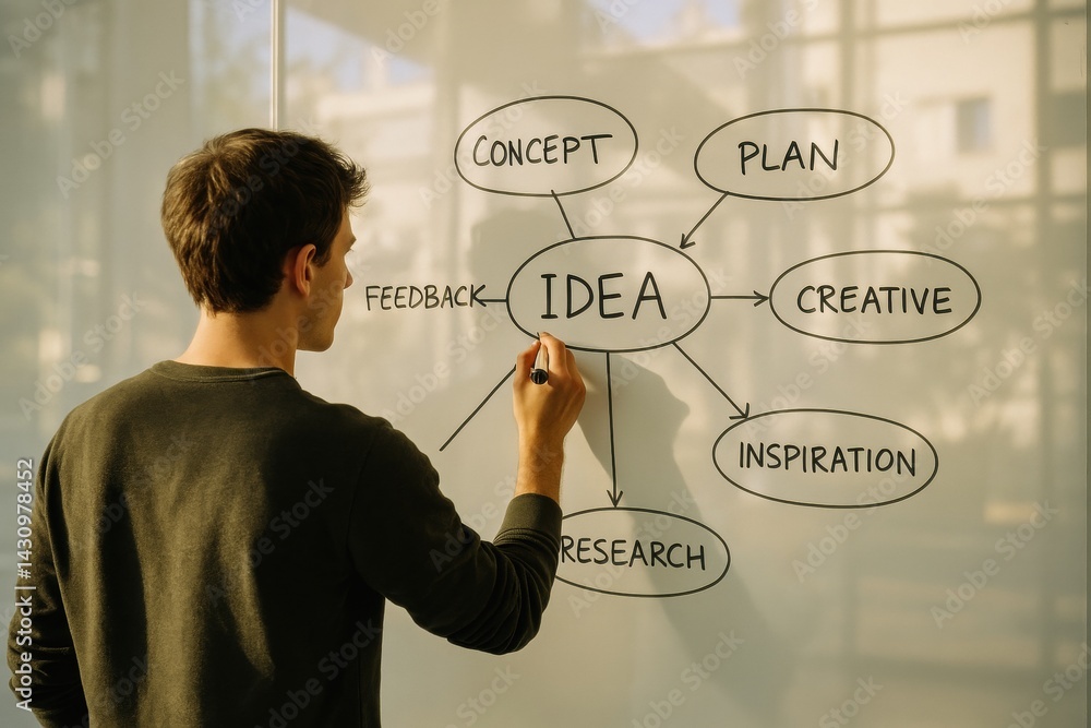 Man writing brainstorming structure on board with keyword idea in center surrounded by plan, concept, inspiration, and feedback. Concept of business, marketing, office.