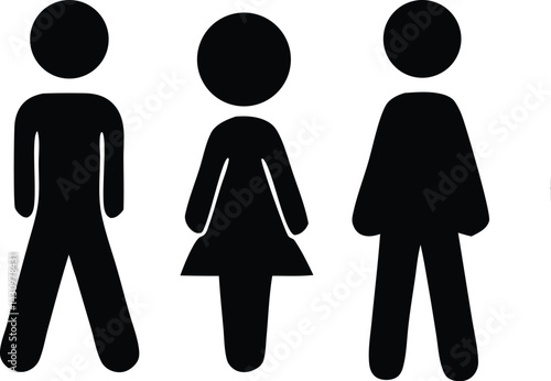 Three simple black and white stick figure icons depicting male female and male figures