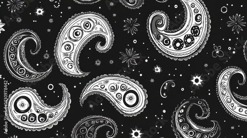 Obraz na płótnie Black and White Paisley Pattern Featuring Intricate Ornamental Designs in a Seamless Layout Ideal for Textiles and Backgrounds Generative AI w salonie