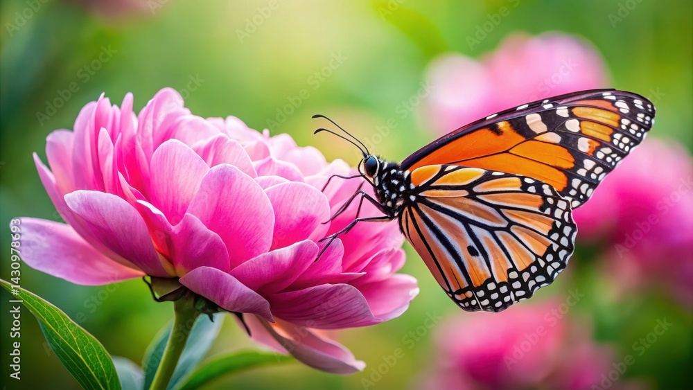 Fototapeta premium A female monarch butterfly Leptosia nupta perched on a pink peony flower , Summer Flower