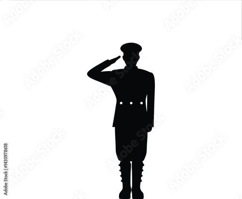 Silhouette of a uniformed soldier saluting against a plain white background image