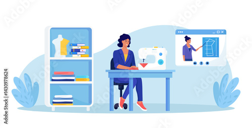 Process of sewing clothes. Young female tailor create dress in studio. Fashion designer or dressmaker courses. Sewing classes, tailoring workshop. Handicraft hobby. Handmade clothing video tutorial