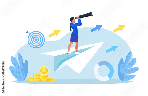 Businessman flying in the sky on a paper plane and looking through binoculars. Business navigation. Leadership, business growth and development. Character looking for opportunities. Search new idea