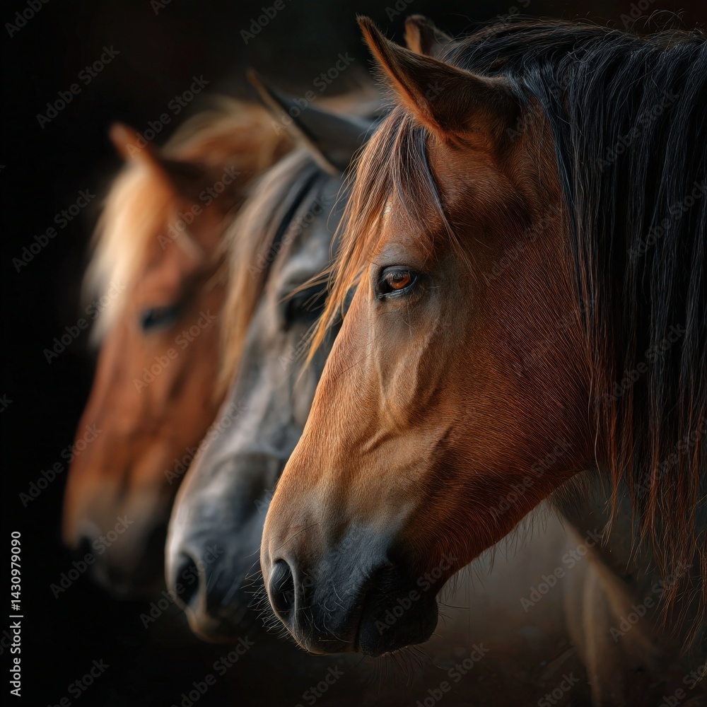 Obraz premium Majestic horses and ponies pastoral landscape high fidelity imagery serene environment close-up view midjourney concept