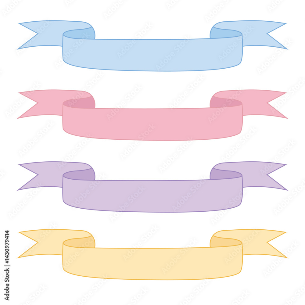 Vector set of pastel ribbon in blue, pink, yellow, purple colors. Design for invitations, greeting cards, posters, planners, party decorations. Minimalist and cute ribbons for kids Vector set of pastel ribbon in blue, pink, yellow, purple colors. Design for invitations, greeting cards, posters, planners, party decorations. Minimalist and cute ribbons for kids