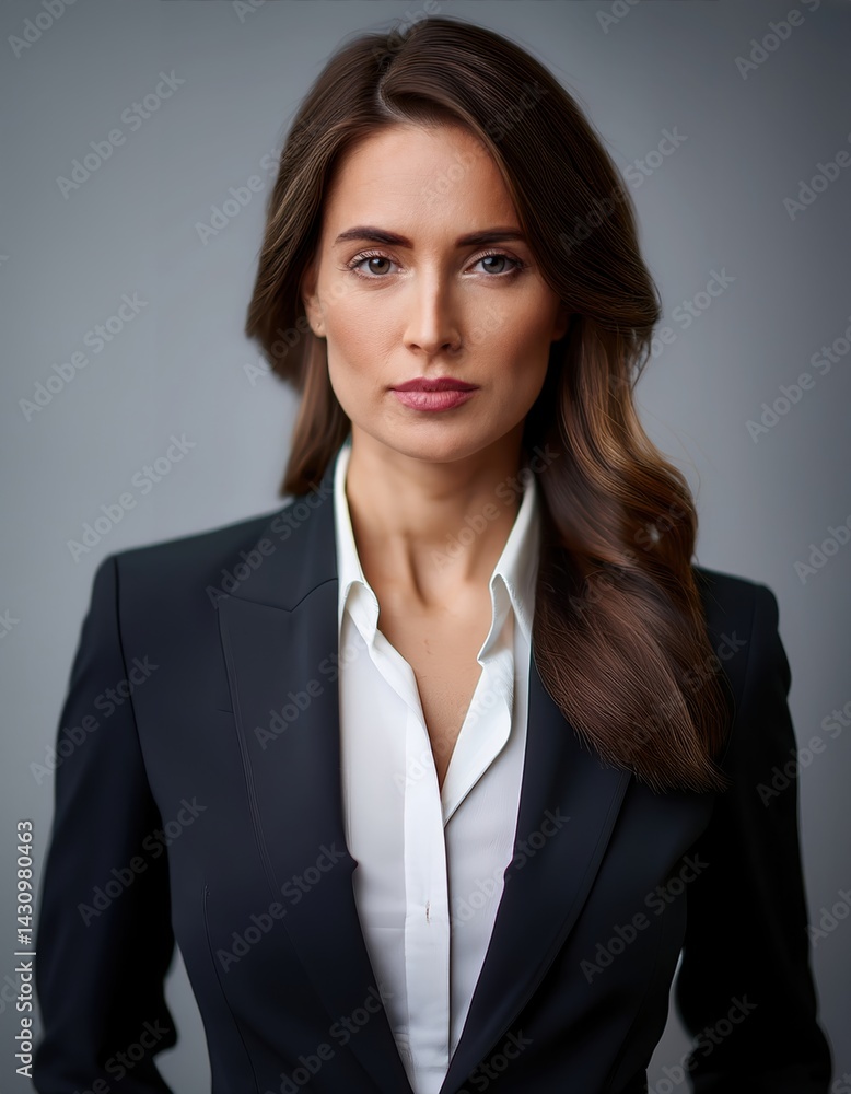Confident woman in a tailored suit poses against a neutral backdrop, exuding professionalism. Confident woman in a tailored suit poses against a neutral backdrop, exuding professionalism.