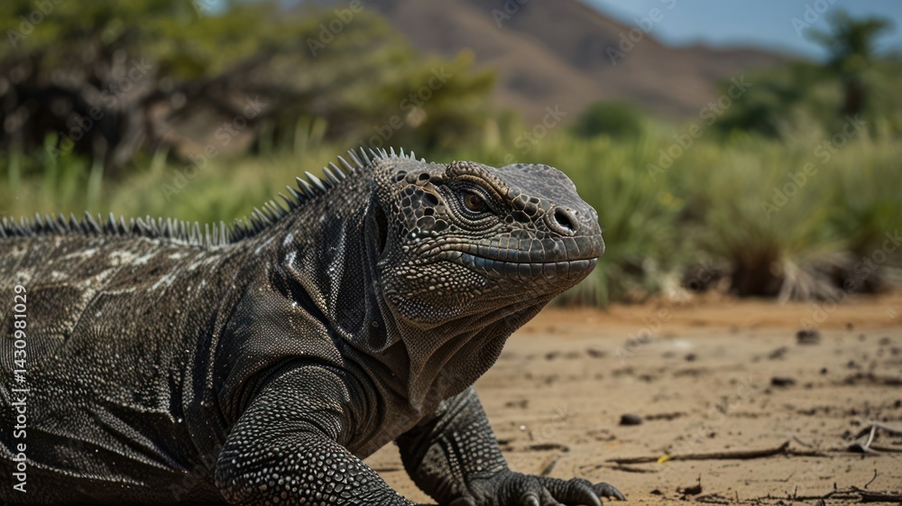 Fototapeta premium Iguana basking, arid landscape, sun, wildlife, nature photography