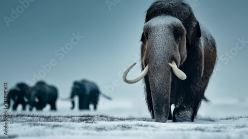 A woolly mammoth stands in a snowy landscape with a group of mammoths blurred in the background.