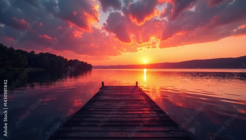 Fototapeta premium Wooden dock silhouette against vibrant sunset over lake, stunning, background, view