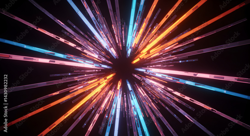 Fototapeta premium Glowing Rectangular Prism Emerging From A Central Point On Black Background