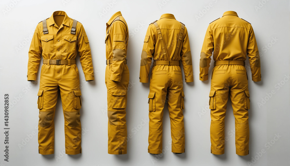 Four Views of Yellow Long-Sleeved Work Coveralls with Belt and Straps Four Views of Yellow Long-Sleeved Work Coveralls with Belt and Straps