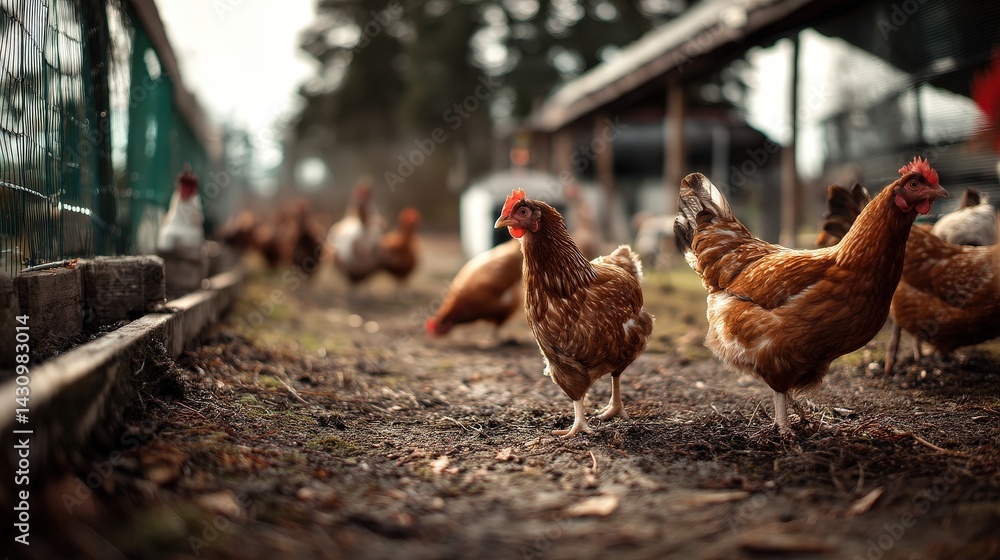 Fototapeta premium Chickens pecking at ground farmyard realistic photograph rural setting low angle midjourney concept