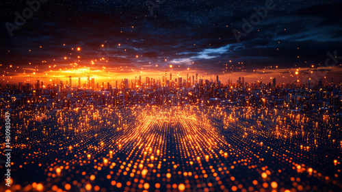Digital vault showcasing glowing data cubes and streams in a futuristic business landscape at sunset