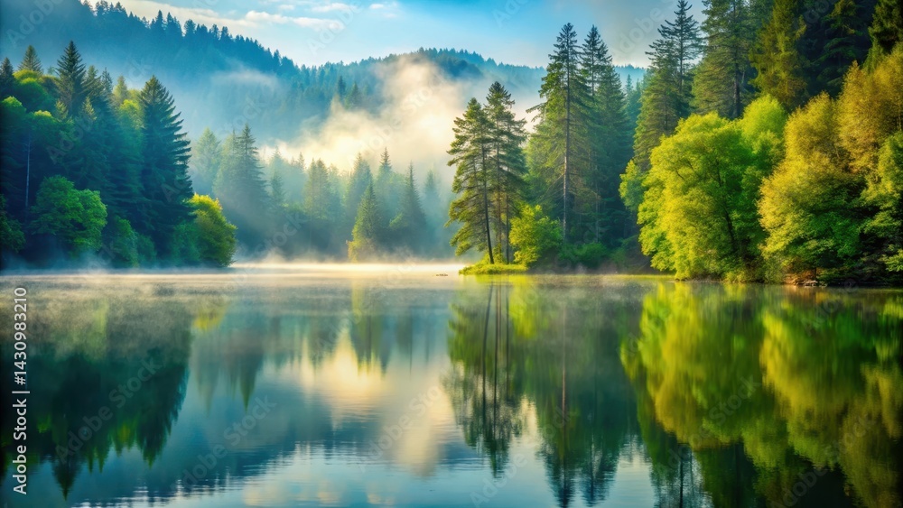 A serene lake with a misty atmosphere, surrounded by tall trees and lush greenery, lake, lush greenery, lake A serene lake with a misty atmosphere, surrounded by tall trees and lush greenery, lake, lush greenery, lake