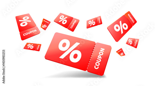 Red coupons with percentage fly away on white background. Vector illustration