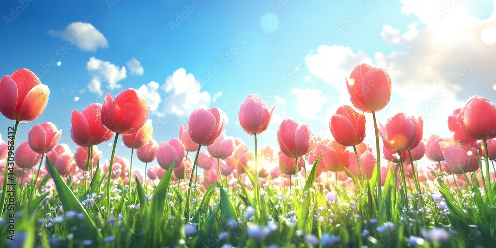 Colorful tulip field under a bright blue sky with fluffy clouds in the afternoon sunlight Colorful tulip field under a bright blue sky with fluffy clouds in the afternoon sunlight