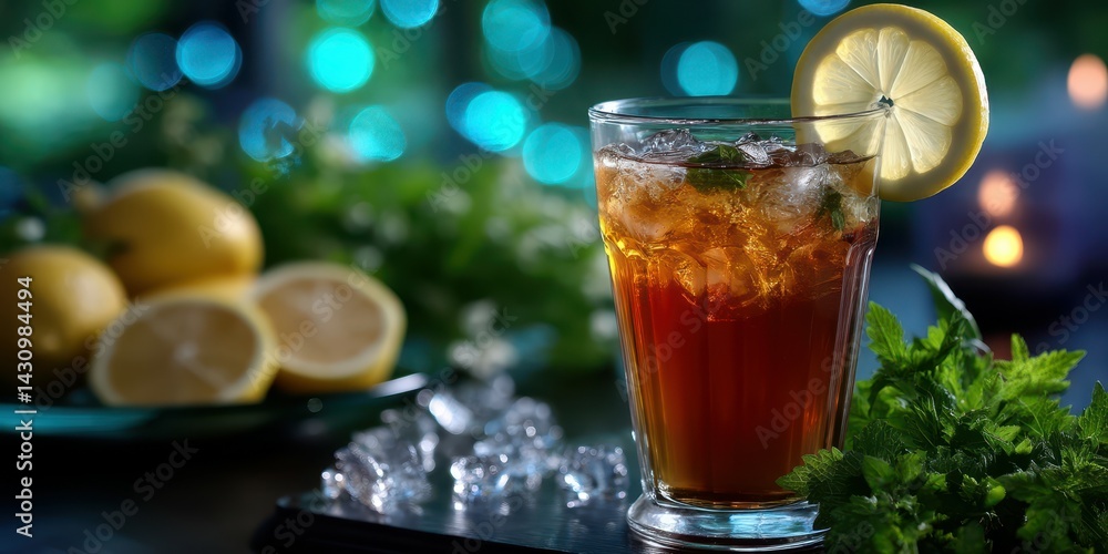 Refreshing iced tea garnish with lemon slice and mint leaves, perfect for summer gatherings Refreshing iced tea garnish with lemon slice and mint leaves, perfect for summer gatherings