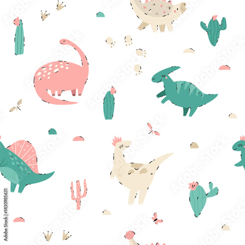 Seamless pattern with hand-drawn cute dinosaurs, cacti, and butterflies in soft pastel colors. Perfect for kids designs, nursery prints, baby apparel, and playful fabric or wallpaper.