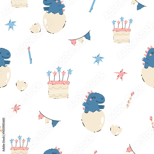Seamless pattern with cute baby dinosaurs hatching from eggs, birthday cakes, candles, bunting, and stars in soft pastel tones. Ideal for kids birthday party decor, wrapping paper