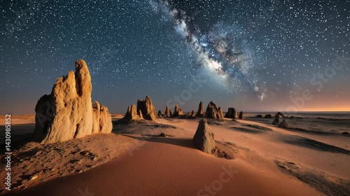 Dramatic desert landscape with rugged rock formations under a starry night sky featuring the Milky Way.