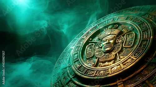 Mayan calendar emerging from green smoke, history and mythology concept