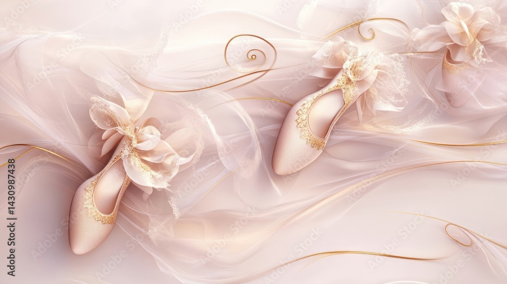 Elegant ballet shoes on sheer fabric; delicate design; soft pink; a backdrop of flowing fabric. Possible use fashion, beauty, or bridal advertisement Elegant ballet shoes on sheer fabric; delicate design; soft pink; a backdrop of flowing fabric. Possible use fashion, beauty, or bridal advertisement