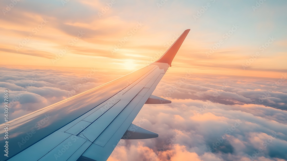Obraz premium Airplane wing over sunset clouds (1)