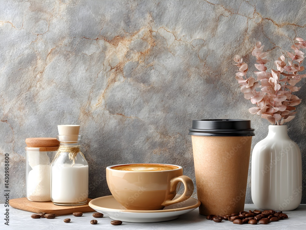A clean coffee cup mockup resting on a table, set against a matte gray cement wall, minimalist and modern with industrial aesthetics.